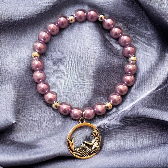 Custom Purple Beaded Stretchy Bracelet with Mermaid Charm - Picture 2 of 3